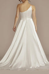 A Line One Shoulder Sleeveless Sweep Train Silk Like Satin Wedding Dress