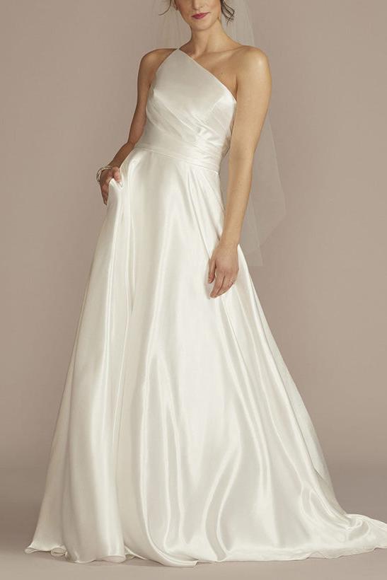 A Line One Shoulder Sleeveless Sweep Train Silk Like Satin Wedding Dress