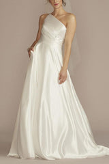 A Line One Shoulder Sleeveless Sweep Train Silk Like Satin Wedding Dress