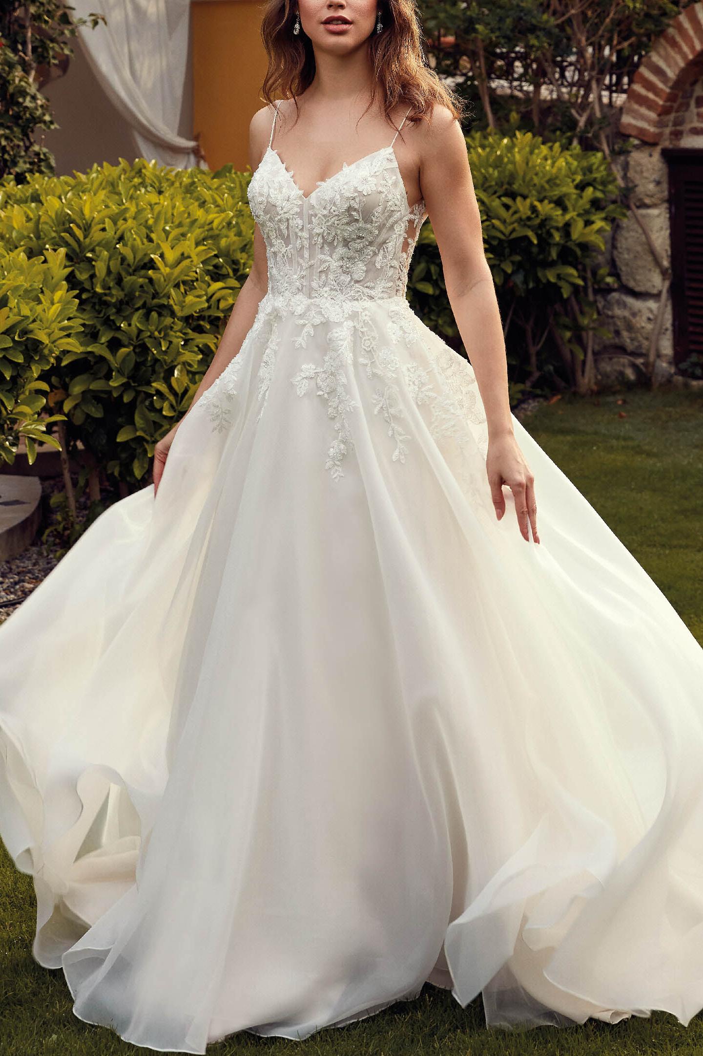A Line Organza Wedding Dress with Lace Detail and Open Back