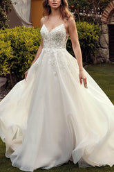 A Line Organza Wedding Dress with Lace Detail and Open Back