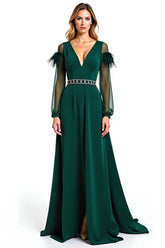 A Line Pine V-Neck Long Formal Dress With Feather