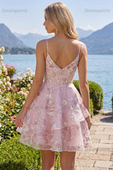Pink Floral V-Neck A-Line Ruffled Short Corset Homecoming Dress