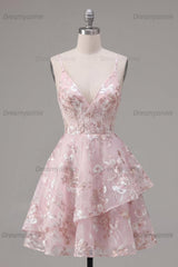 Pink Floral V-Neck A-Line Ruffled Short Corset Homecoming Dress