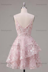 Pink Floral V-Neck A-Line Ruffled Short Corset Homecoming Dress
