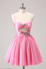A Line Pink Homecoming Dress Spaghetti Straps Tiered Short Prom Dress with Bow