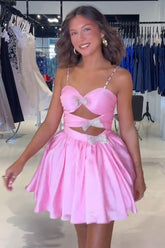 A Line Pink Homecoming Dress Spaghetti Straps Tiered Short Prom Dress with Bow