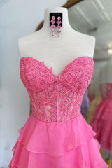 A Line Pink Homecoming Dress Strapless Corset Short Prom Dress with Ruffles