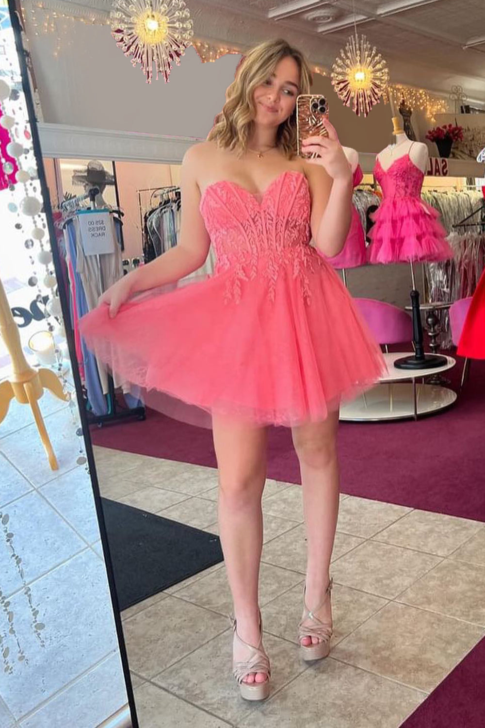 A-Line Pink Homecoming Dress Sweetheart Corset Tulle Short Prom Dress with Appliques
