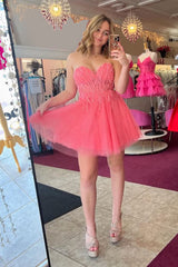 A-Line Pink Homecoming Dress Sweetheart Corset Tulle Short Prom Dress with Appliques