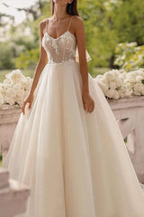 A Line Princess V Neck Tulle Lace Sweep Train Wedding Dress With Appliques Lace