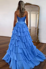 A Line Prom Dress Blue Strapless Tiered Corset Long Evening Dress