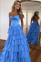 A Line Prom Dress Blue Strapless Tiered Corset Long Evening Dress