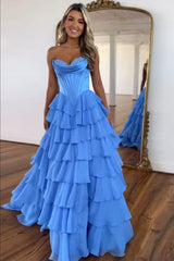 A Line Prom Dress Blue Strapless Tiered Corset Long Evening Dress