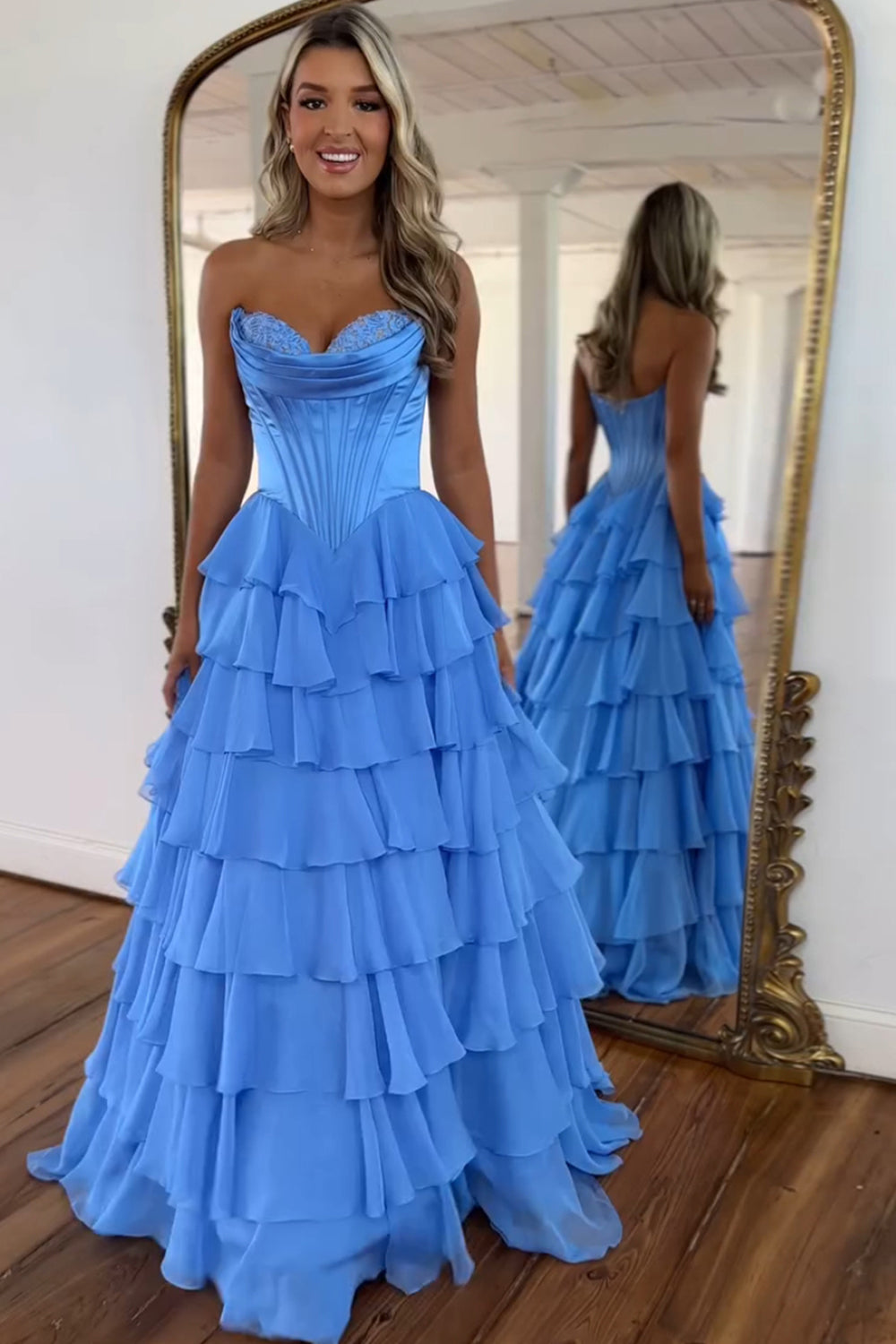 A Line Prom Dress Blue Strapless Tiered Corset Long Evening Dress