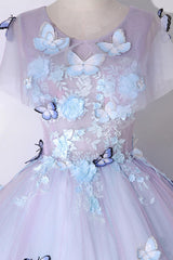 A Line Prom Dress Crew Neck Tulle Purple Long Formal Evening Dress