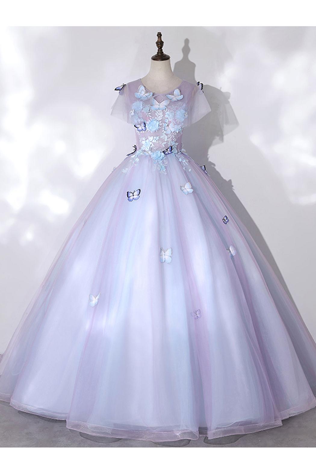 A Line Prom Dress Crew Neck Tulle Purple Long Formal Evening Dress