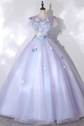 A Line Prom Dress Crew Neck Tulle Purple Long Formal Evening Dress