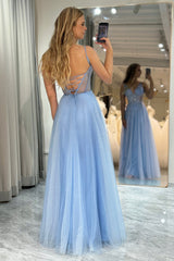 A Line Prom Dress Light Blue Tulle Long Corset Evening Dress