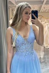 A Line Prom Dress Light Blue Tulle Long Corset Evening Dress