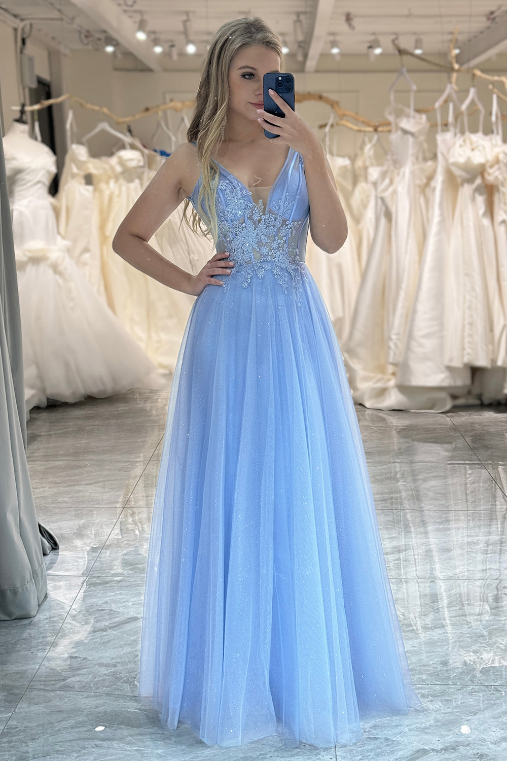 A Line Prom Dress Light Blue Tulle Long Corset Evening Dress