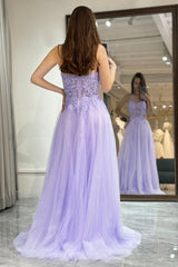 A Line Prom Dress Light Purple Long Evening Dress With Appliques