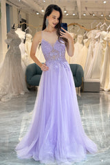 A Line Prom Dress Light Purple Long Evening Dress With Appliques
