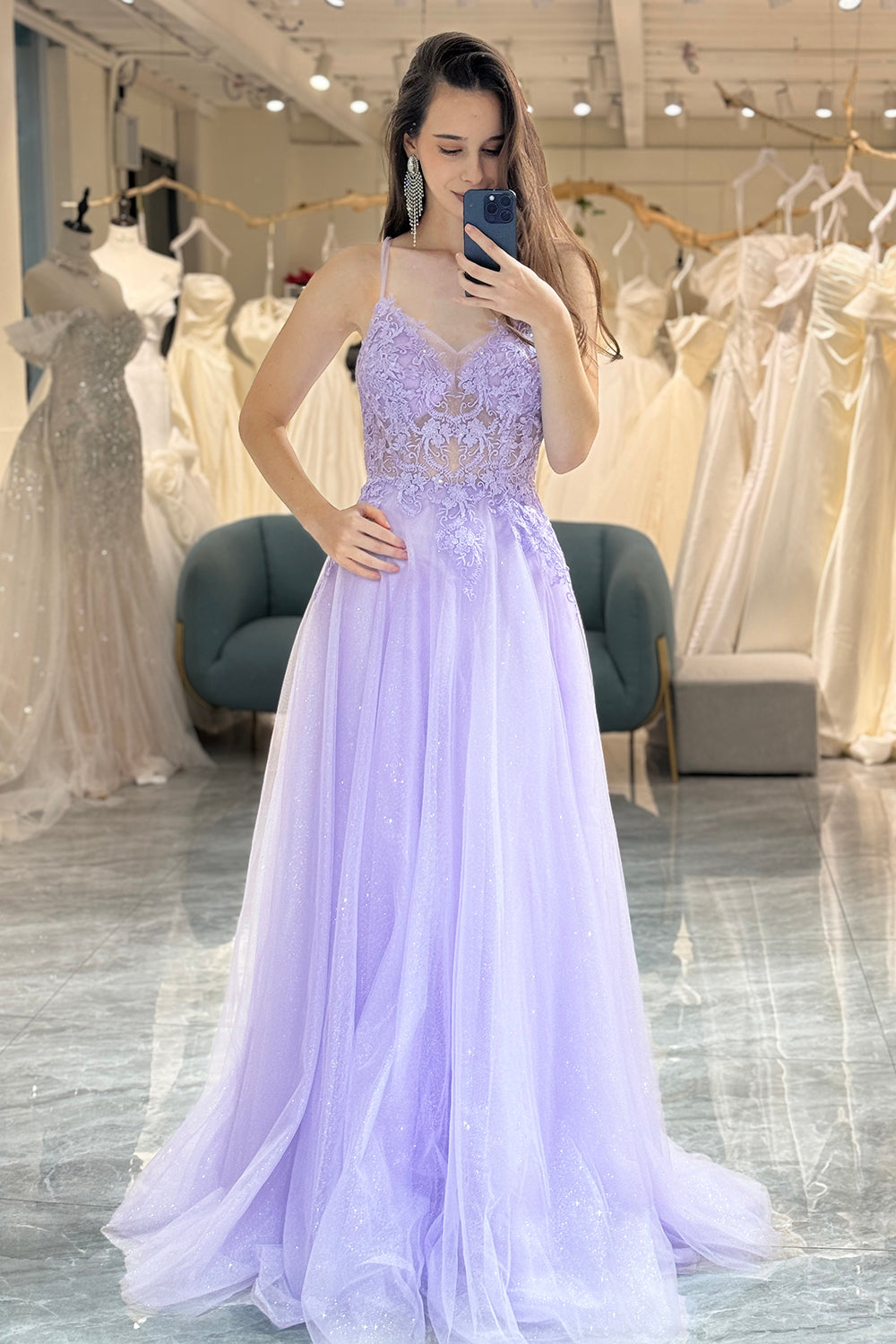 A Line Prom Dress Light Purple Long Evening Dress With Appliques