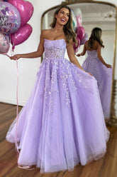 A Line Prom Dress Lilac Strapless Corset Tulle Long Evening Dress with Appliques