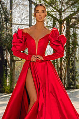 A Line Prom Dress Long Sleeve Off the Shoulder Satin Formal Dress