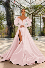 A Line Prom Dress Long Sleeve Off the Shoulder Satin Formal Dress
