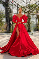 A Line Prom Dress Long Sleeve Off the Shoulder Satin Formal Dress