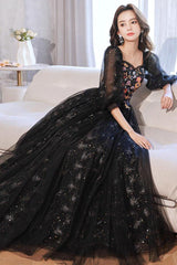 A Line Prom Dress Long Sleeves Tulle Lace Black Formal Evening Dress