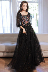 A Line Prom Dress Long Sleeves Tulle Lace Black Formal Evening Dress
