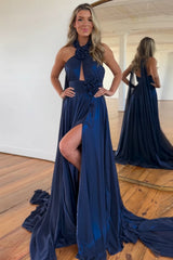 A Line Prom Dress Navy Halter Satin Pleated Long Evening Dress with Flower