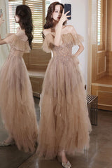 A Line Prom Dress Off the Shoulder Champagne Long Formal Evening Dress