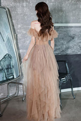 A Line Prom Dress Off the Shoulder Champagne Long Formal Evening Dress
