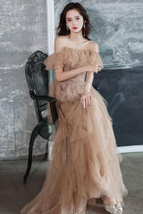 A Line Prom Dress Off the Shoulder Champagne Long Formal Evening Dress