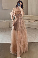 A Line Prom Dress Off the Shoulder Champagne Long Formal Evening Dress