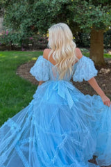 A Line Prom Dress Off the Shoulder Light Blue Tulle Corset Evening Dress with Bowknot