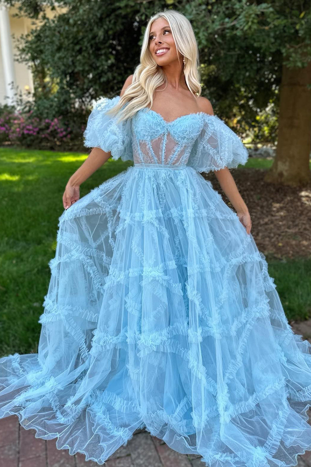 A Line Prom Dress Off the Shoulder Light Blue Tulle Corset Evening Dress with Bowknot