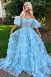 A Line Prom Dress Off the Shoulder Light Blue Tulle Corset Evening Dress with Bowknot