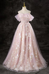 A Line Prom Dress Off the Shoulder Pink Long Sweet 16 Dress Evening Dress