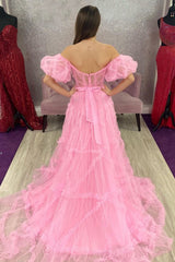 A Line Prom Dress Off the Shoulder Pink Tulle Corset Evening Dress with Bowknot
