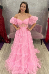 A Line Prom Dress Off the Shoulder Red Tulle Corset Evening Dress with Bowknot