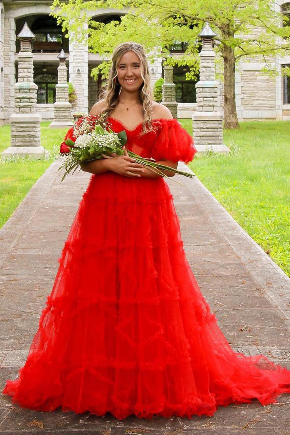 A Line Prom Dress Off the Shoulder Red Tulle Corset Evening Dress with Bowknot