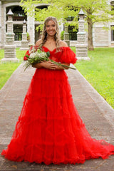 A Line Prom Dress Off the Shoulder Red Tulle Corset Evening Dress with Bowknot