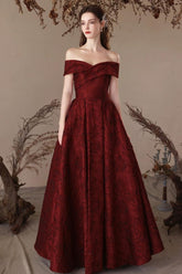 A Line Prom Dress Off the Shoulder Satin Burgundy Long Evening Dress
