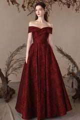 A Line Prom Dress Off the Shoulder Satin Burgundy Long Evening Dress
