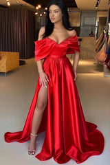 A Line Prom Dress Off the Shoulder Satin Formal Dress